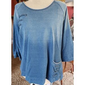 T46 Wild Palms faded blue knit top w 3/4 sleeves & lacing accented pockets NWT